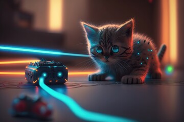 Wall Mural - robotic kitten playing interactive game of laser tag indoors, created with generative ai