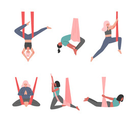 Poster - Young Sporty Woman in Sportswear Practicing Aerial Yoga with Silk Ribbon Vector Set