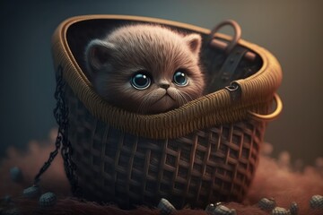 Wall Mural - cute robotic kitten sitting in basket, with its head and eyes moving, created with generative ai