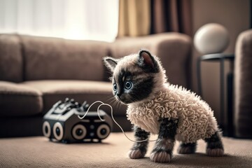 Wall Mural - robotic kitten exploring living room, with its eyes and ears always alert, created with generative ai