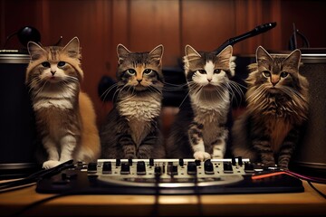 Wall Mural - rock star cats in a recording studio, laying down tracks for their next album., created with generative ai