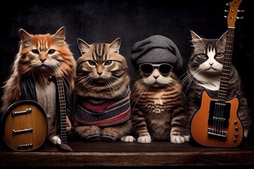 Canvas Print - rock star cats posing for a group shot after their latest gig., created with generative ai