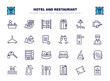 © Abstract - set of hotel and restaurant thin line icons. hotel and restaurant outline icons such as reception, bunk, hammock, room service, doorknob, vending hine, hot stones, lotion, cookbook, menu vector.