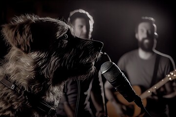 Sticker - rock star dog band recording their debut album in a dimly lit studio, with the lead singer howling into a microphone., created with generative ai