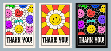 Groove Poster Design Template. Thank You Card In Retro Style With Colorful Emoji Flowers Composition. Groovy Flower Cartoon Characters. Funny Happy Daisy With Eyes And Smile.