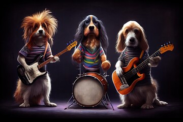 Poster - three rock star dogs in a band playing instruments and performing onstage., created with generative ai