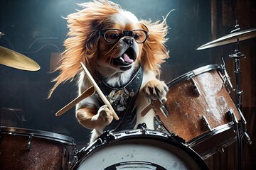 Canvas Print - a dog drummer in a rock star band, with a drum set and all., created with generative ai