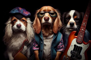 Sticker - rock star dog band members with instruments: a bass guitar, drum kit and electric guitar., created with generative ai