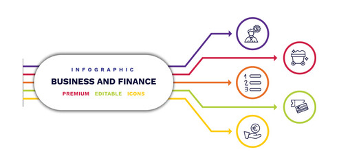 set of business and finance thin line icons. business and finance outline icons with infographic template. linear icons such as man with money gears, numbered information, euro coin on hands, mining