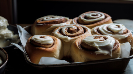 Canvas Print - Cinnamon rolls with cream cheese frosting Generative AI