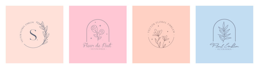 Wall Mural - set of vector floral emblems.elegant logo designs with linear branches,flowers.modern botanical badg