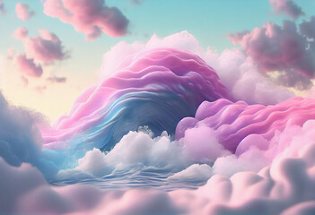 Wave of water and clouds in pastel colors and a pink and blue hues, with a light pink and blue hued background of a white and pink. Created with Generative AI technology