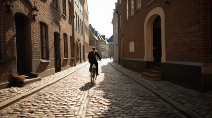 Wall Mural - A person riding a bicycle backwards on a cobbled Generative AI