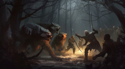 Canvas Print - A group of werewolves fighting against a pack of vam Generative AI