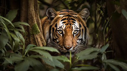 Sticker - A Bengal tiger hiding in the forest Generative AI