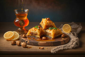 Wall Mural - Baklava with honey and nuts. Generative AI