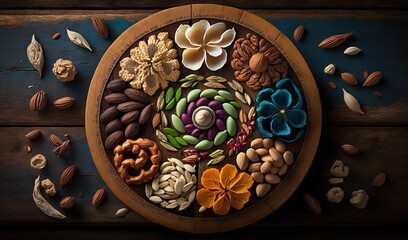  a plate of nuts and flowers on a wooden table top.  generative ai