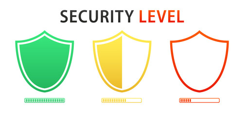 Security level. Loading scale. Company brand, gaming levels, corporate license, training criteria, with shield label design on a white isolated background. Vector illustration