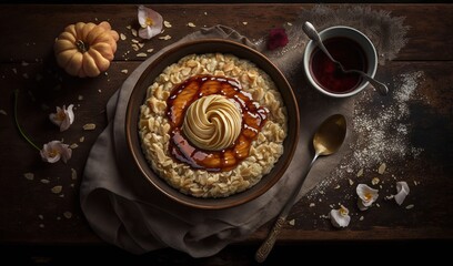 Poster -  a bowl of oatmeal topped with a caramel swirl.  generative ai