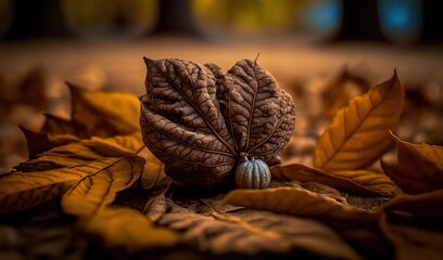 Poster -  a close up of a leaf on the ground with other leaves.  generative ai