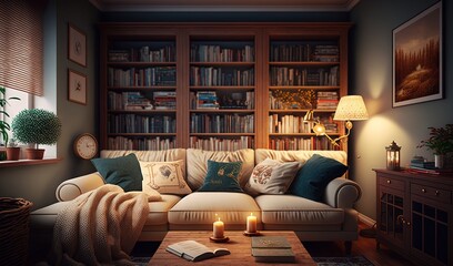 Wall Mural -  a living room filled with furniture and a book shelf filled with books.  generative ai