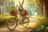 Fototapeta Pomosty - Easter bunny rides his bike around. Generative AI