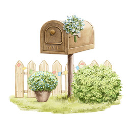 Watercolor cartoon composition with vintage mailbox, bush, fence and flower pot on green meadow isolated on white background. Watercolor hand drawn illustration sketch