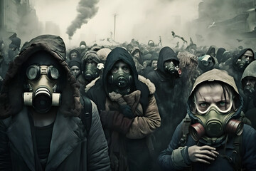 Wall Mural - Crowd of people in uniform and gas mask. Concept of radiation and virus, environmental pollution. Neural network AI generated art