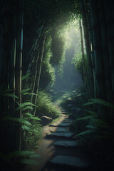 Wall Mural - beautiful bamboo forest with soft sunlight generative ai