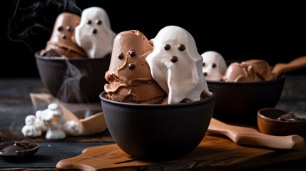 Wall Mural - Chocolate fudge ice cream with ghost-shaped marshmal Generative AI