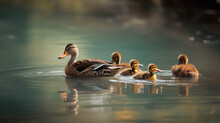 A Family Of Ducks Swimming In A Serene Lake Generative AI