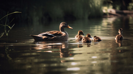 Wall Mural - A family of ducks swimming in a serene lake Generative AI