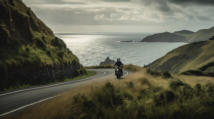 Sticker - A motorcyclist on a winding road overlooking the sea Generative AI