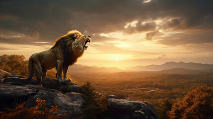 Poster - A lion roaring on top of a mountain at sunset Generative AI