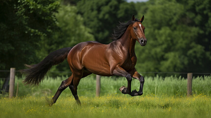 Poster - A horse galloping freely in a green field Generative AI