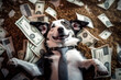 A happy dog in a business suit lies on a huge money, created with Generative AI technology