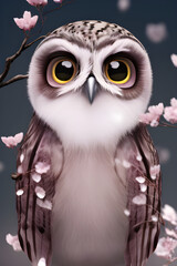 illustration close portrait of a cute owl against the backdrop of a spring landscape during cherry blossoms, big expressive eyes, generative AI