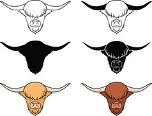 Highland Cattle Cow Head With Long Horns - Clipart Set