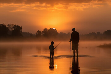 a father and son go fishing at sunset, Generative AI