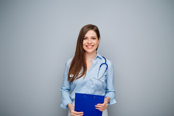 Wall Mural - Smiling doctor woman isolated portrait with copy space.