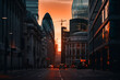 City of London skyscrapers. Banking district in city center of United Kingdom. London skyscraper at sunset. England, UK. Cityscape financial district. Willis Building, Tower Exchange. AI Generative.