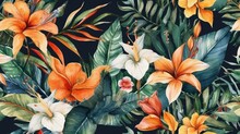 Exotic Watercolor Tropical Plants And Orange Flowers Seamless Pattern - Generative AI