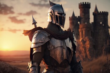 Medieval knight with armor and castle in the background, Medieval landscape with knight and castle at sunset, Generative AI