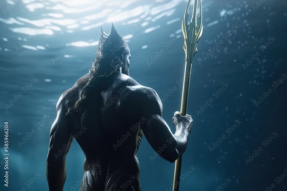 Poseidon with his trident in the sea, Poseidon in the water with his scepter, Generative AI