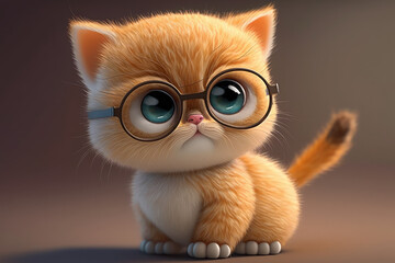 Wall Mural - Cute baby kitten 3d character. Cartoon cat with big eyes in glasses. 3d render illustration. Generative AI art. Cartoon little kitten isolated on flat studio background.
