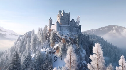 Wall Mural - Castle on mountain top in winter, snowy forest and medieval citadel, generative AI