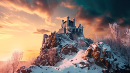 Wall Mural - Castle on mountain top in winter, medieval citadel at sunset, generative AI