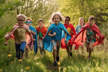 Group of adventurous children dressed as heroes run around the countryside. Ai generated.