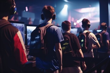 World Cup.Cybersport team involved in online tournament in gaming club . Team of professional cybersport gamers in gaming tournament Generative AI