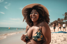 Portrait Of Curvy Black Woman Laughing Outdoors On The Beach Wearing A Swimsuit.  Generative AI.